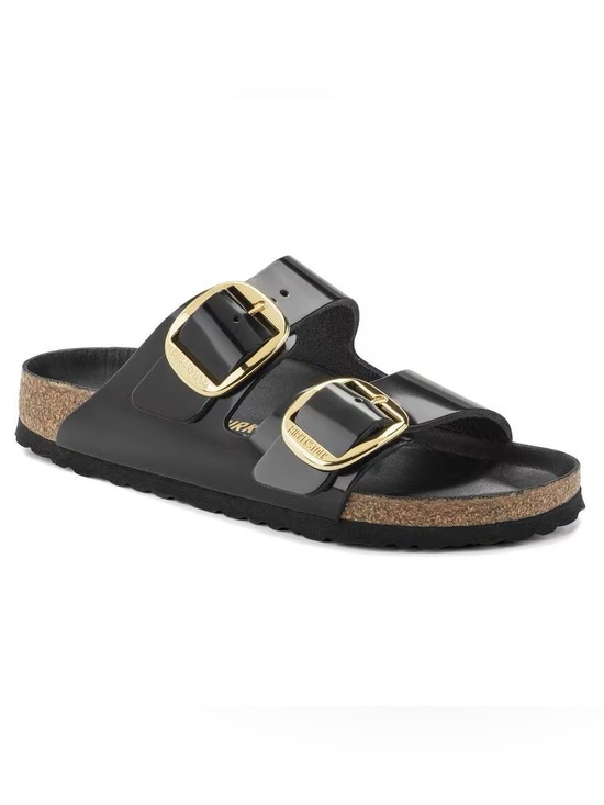 Birkenstock Shoes - Birkenstock High Shine Black Arizona Big Buckle Sandal with Gold Buckles